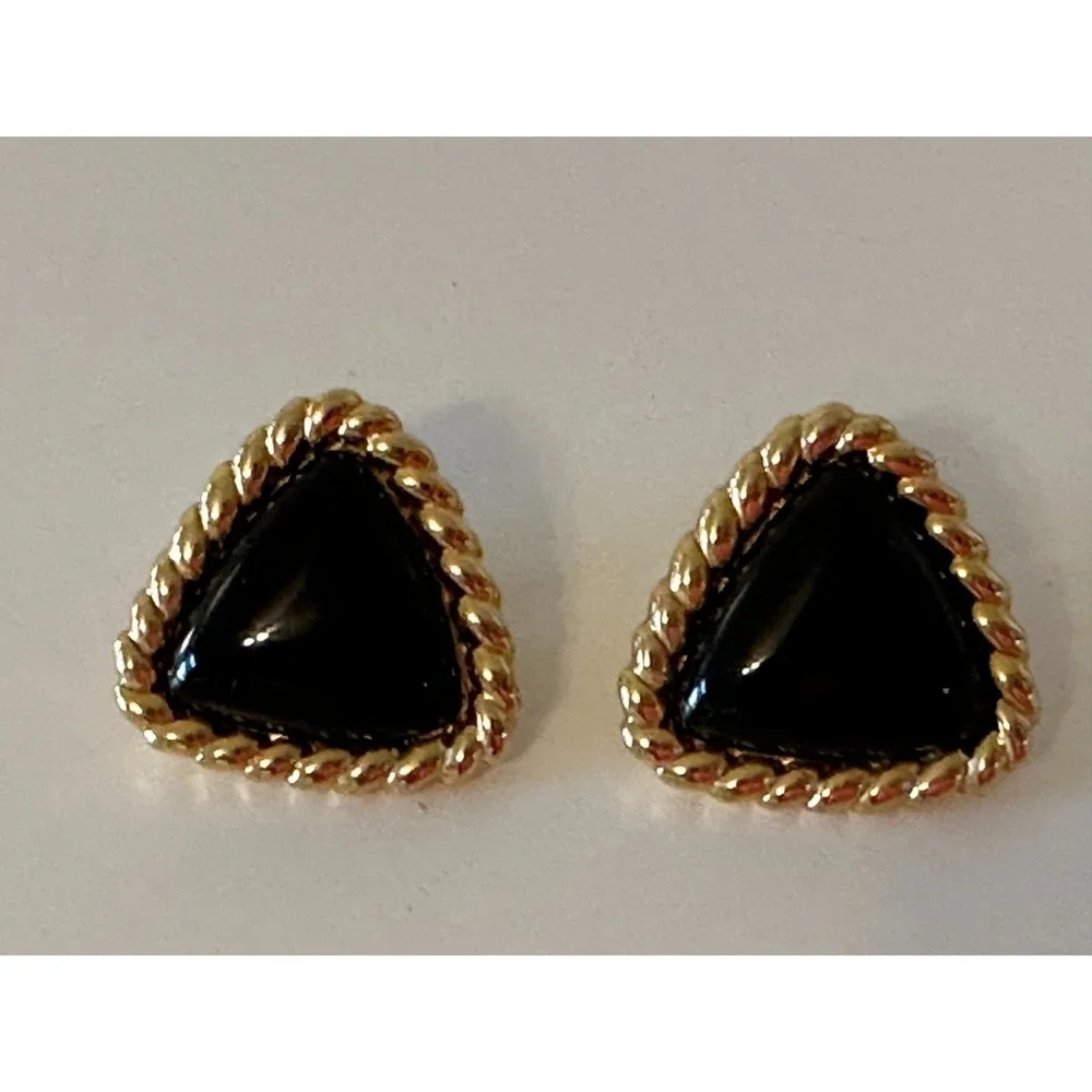 Kenneth J Lane Earrings Clip On Black Triangle Gold Twist Edge Signed Stunning - Picture 7 of 9